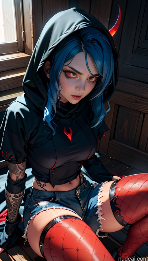 Milf Blue Hair Close-up View Perfect Boobs Devil Fishnets & Shorts Cultist Hood