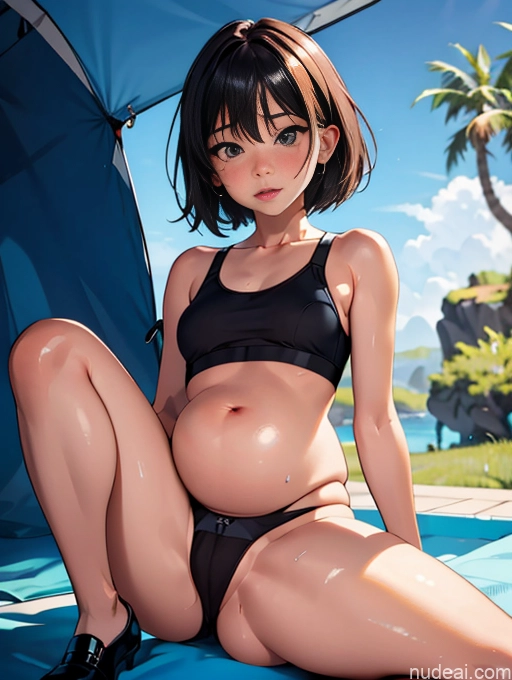 ai nude image of pics of Woman Two Beautiful Small Ass Short Hair 18 Brunette White Soft Anime Tent Front View Panties Sports Bra Dark Lighting Belly Inflation, Cuminflation, Overeating