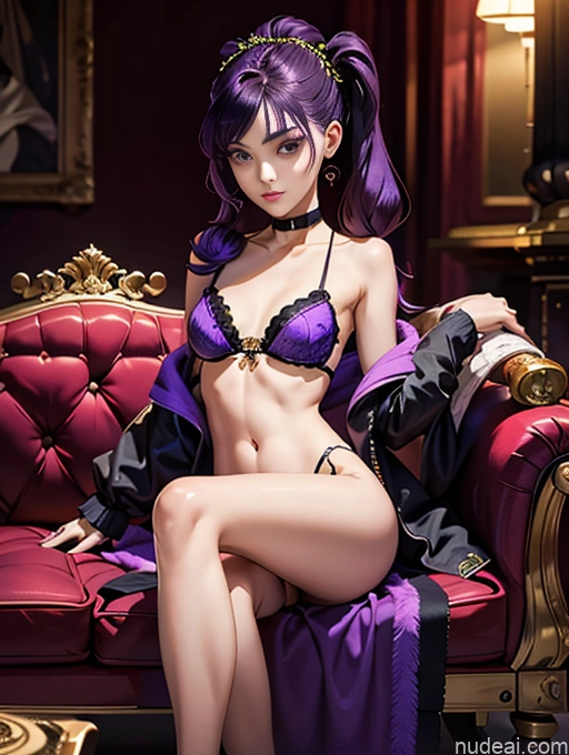 Beautiful Small Ass Skinny Long Legs Tall Perfect Body 18 Purple Hair Choker Viet Doll Likeness Dark Lighting Detailed Model Couch Victorian Pigtails Perfect Boobs