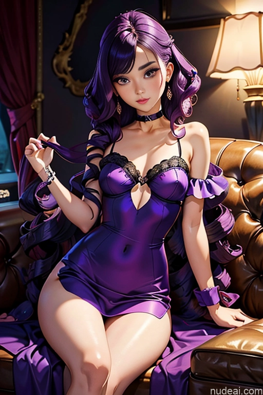 Beautiful Small Ass Skinny Long Legs Tall Perfect Body 18 Purple Hair Choker Viet Doll Likeness Dark Lighting Detailed Model Couch Victorian Perfect Boobs Curly Hair Master