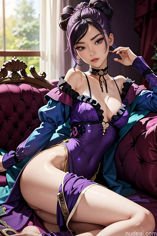 Beautiful Small Ass Skinny Long Legs Tall Perfect Body 18 Purple Hair Choker Viet Doll Likeness Dark Lighting Detailed Model Couch Victorian Perfect Boobs Orgasm Hair Tied Up