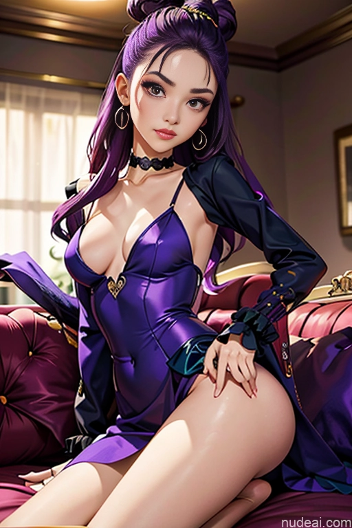 Beautiful Small Ass Skinny Long Legs Tall Perfect Body 18 Purple Hair Choker Viet Doll Likeness Dark Lighting Detailed Model Couch Victorian Perfect Boobs Hair Tied Up Laughing