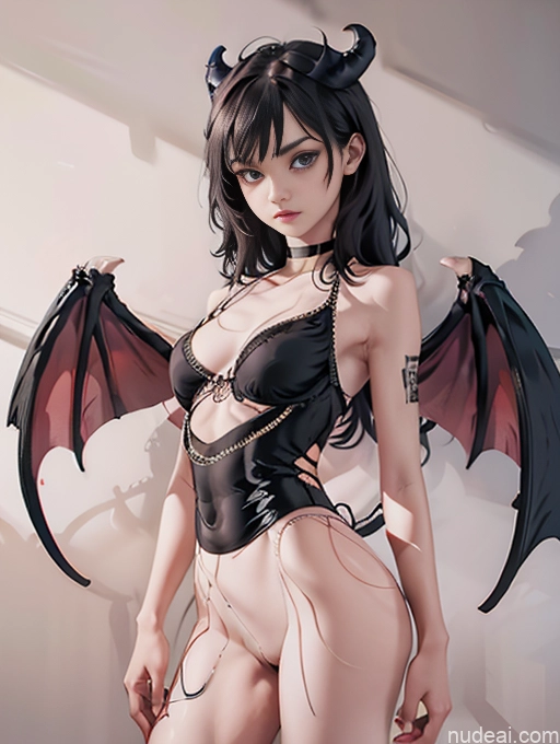 Small Tits Beautiful Tattoos Small Ass Skinny Long Legs Tall Perfect Body 18 Choker Bodychain Has Wings Dark Lighting Detailed Bdsm Goth Model Witch Black Hair Bangs Succubus Street