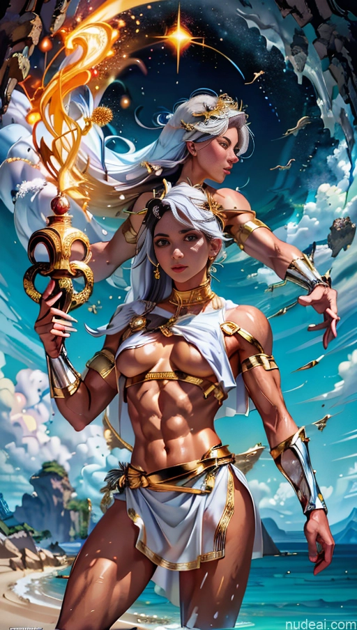 related ai porn images free for Several Busty Muscular Abs Surrealist Powering Up Dynamic View Menstoga, White Robes, In White And Gold Costumem, Gold Headpiece, Gold Belt, Gold Chain Captain Marvel Woman