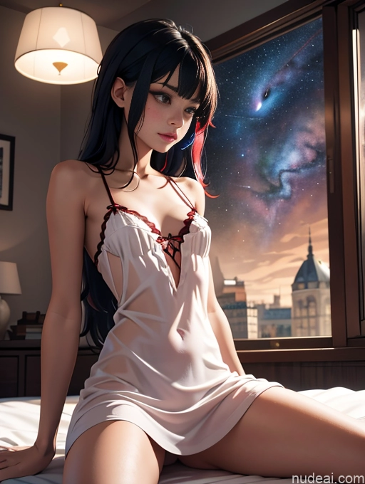 ai nude image of pics of Model One Busty Perfect Body Small Tits 20s Serious Black Hair Long Hair White Stargazing Bedroom Front View Straddling Nightgown Micro Skirt Goth Devil