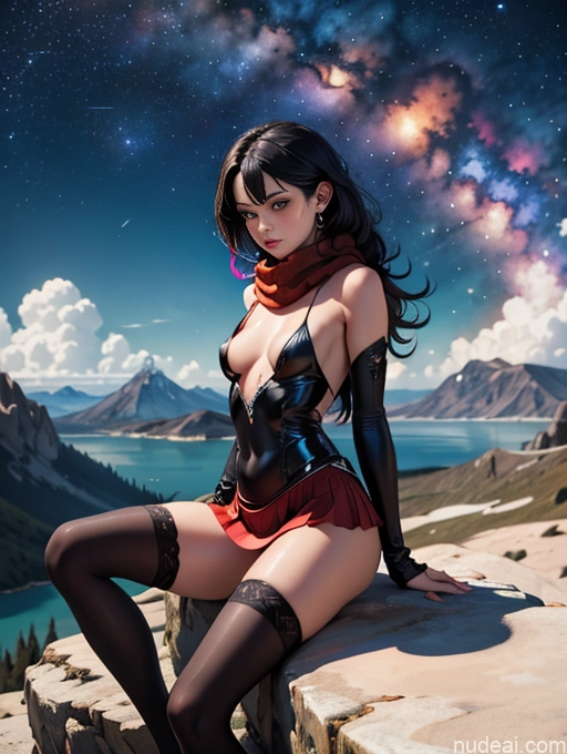 ai nude image of pics of Model One Busty Perfect Body Small Tits 20s Serious Black Hair Long Hair White Stargazing Front View Straddling Micro Skirt Goth Devil Topless Mountains Scarf