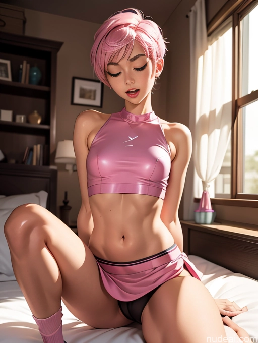 related ai porn images free for Perfect Body 18 Orgasm Pink Hair Crop Top Simple Mini Skirt Stockings Bedroom Pixie Ahegao Two Woman + Man Spreading Legs