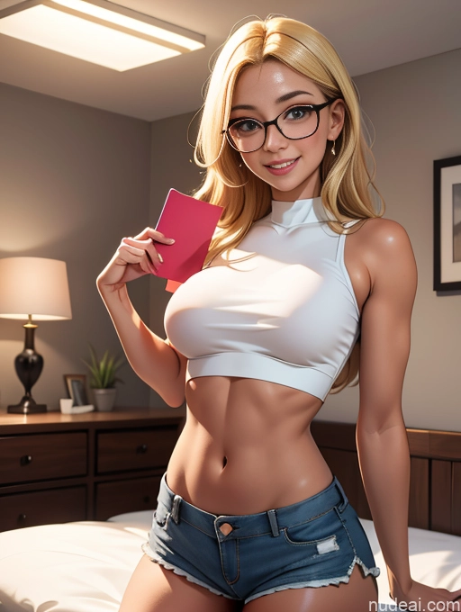 related ai porn images free for Perfect Boobs Blonde Bedroom Glasses Long Hair Happy Crop Top Short Shorts