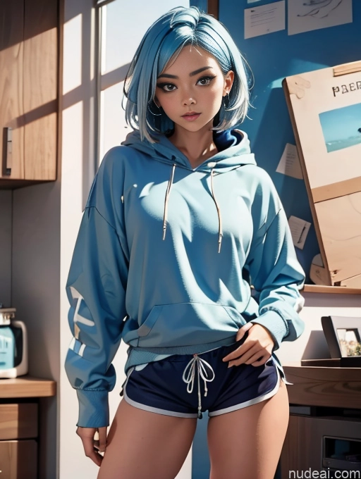 Blue Hair, Medium Hair Dolphin Shorts Naked Hoodie 裸体卫衣 Model