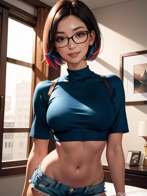 related ai porn images free for Busty Brunette Korean Bedroom Crop Top Short Shorts Happy Glasses Short Hair