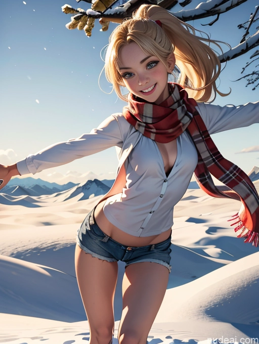 related ai porn images free for Woman One Perfect Boobs Skinny Perfect Body 18 Blonde Happy Snow Scarf T-pose Ponytail Shirt Short Shorts