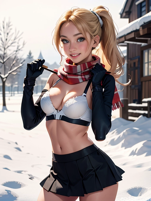 related ai porn images free for Woman One Perfect Boobs Skinny Perfect Body 18 Blonde Happy Snow Scarf Ponytail Working Out Gloves Bra Micro Skirt Front View