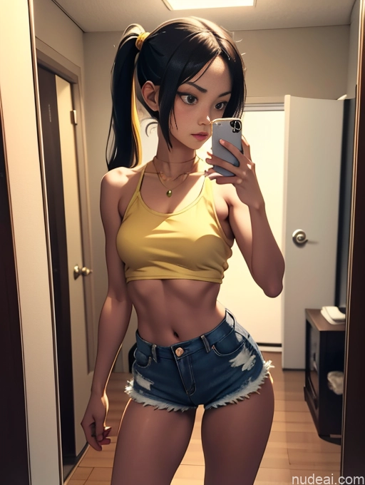 ai nude image of pics of Woman Several Small Tits Beautiful Small Ass Skinny Long Legs Tall Pubic Hair 18 Serious Pigtails Japanese Mirror Selfie Front View Daisy Dukes Black Hair Gold Jewelry