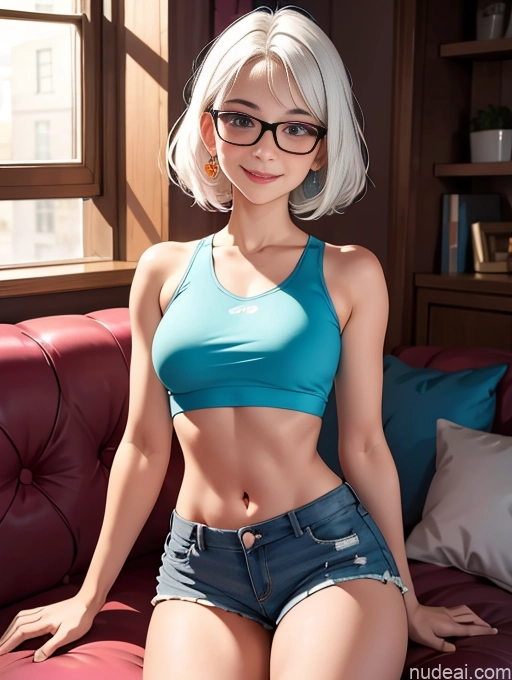 related ai porn images free for Sorority Beautiful 18 White Hair Busty Straight Couch Happy Crop Top Glasses Short Shorts