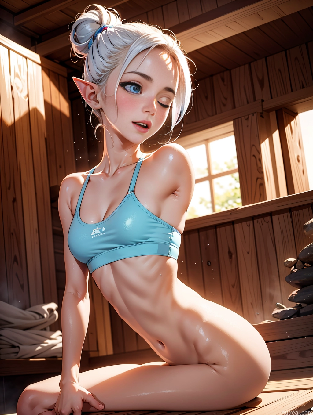 ai nude image of pics of Athlete One Small Tits Skinny Small Ass Long Legs Fairer Skin 18 Deep Blue Eyes Happy Orgasm Sauna Sports Bra Cleavage Bright Lighting Detailed Hair Tied Up Straddling Front View