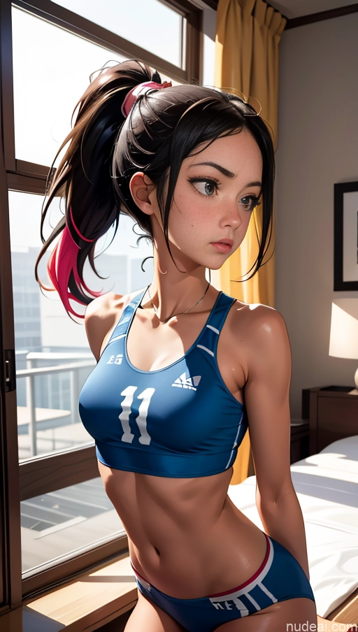 related ai porn images free for Sorority One Skinny 18 Sad Serious Brunette White Ponytail Soft Anime Bedroom Side View Track Uniform