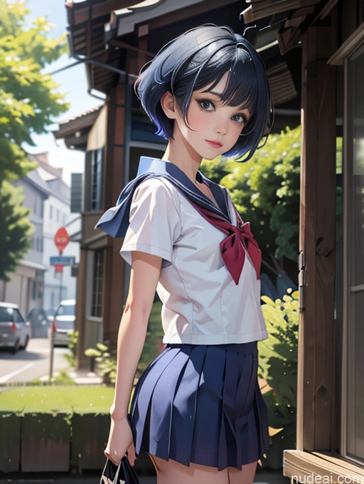 related ai porn images free for Woman Skinny Beautiful Short Blue Hair Short Hair Soft Anime Front View Small Ass JK Uniform