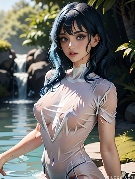 Blue Hair, Medium Hair Curly Hair Of Love 3d Single Thumbs Up Wet T-Shirt Nymphs