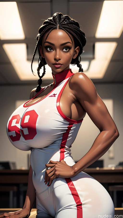 ai nude image of pics of Busty Huge Boobs Perfect Boobs Beautiful Big Ass Big Hips Long Legs Perfect Body Soft + Warm Bright Lighting Detailed Lipstick Milf Abs Tanned Skin Dark Skin 30s Black Hair Braided African Basketball