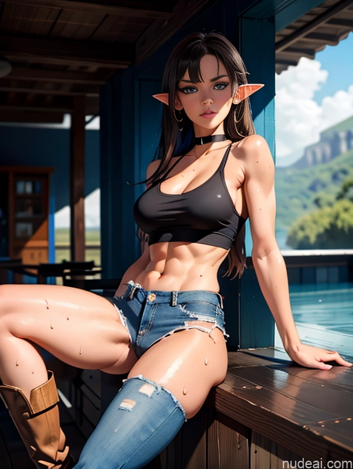 ai nude image of pics of Athlete Busty Perfect Boobs Muscular Abs Long Legs Tall Tanned Skin Oiled Body 20s Serious Deep Blue Eyes Brunette Bangs Boots Choker Jeans Tank Top Crisp Anime