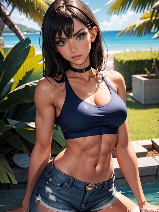 ai nude image of pics of Athlete Busty Perfect Boobs Muscular Abs Long Legs Tall Tanned Skin Oiled Body 20s Serious Deep Blue Eyes Brunette Bangs Boots Choker Jeans Tank Top Crisp Anime Jeans Undone