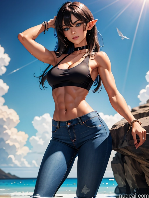 ai nude image of pics of Athlete Busty Perfect Boobs Muscular Abs Long Legs Tall Tanned Skin Oiled Body 20s Serious Deep Blue Eyes Brunette Bangs Boots Choker Jeans Tank Top Crisp Anime Jeans Undone