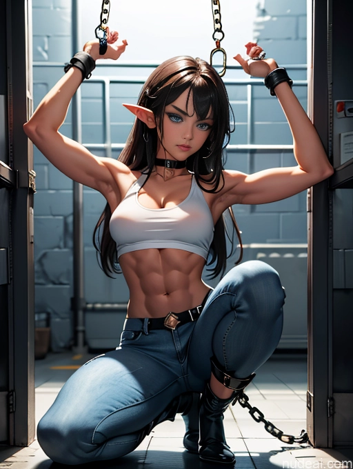 ai nude image of pics of Athlete Busty Perfect Boobs Muscular Abs Long Legs Tall Tanned Skin Oiled Body 20s Serious Deep Blue Eyes Brunette Bangs Boots Choker Jeans Tank Top Crisp Anime Jeans Undone Prison T-pose Bondage Chain Shackles