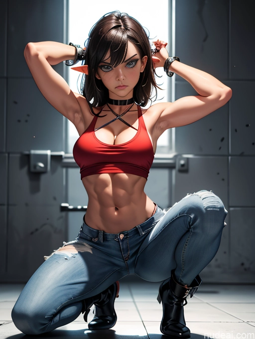 related ai porn images free for Athlete Busty Muscular Abs Long Legs Tall Tanned Skin Oiled Body 20s Serious Angry Deep Blue Eyes Brunette Bangs Prison Full Frontal T-pose Boots Choker Crop Top Jeans Tank Top Cleavage Bondage Chain Shackles