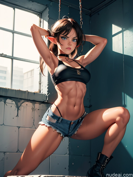 related ai porn images free for Athlete Busty Perfect Boobs Muscular Abs Long Legs Tall Tanned Skin Oiled Body Angry Deep Blue Eyes Brunette Bangs Prison T-pose Boots Choker Crop Top Daisy Dukes Jeans Tank Top Cleavage Bondage Chain Shackles