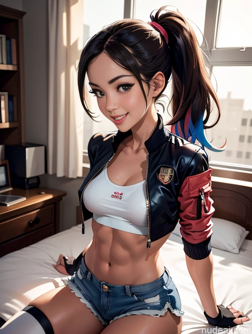 related ai porn images free for Perfect Boobs Brunette Bedroom Sports Bra Short Shorts Happy Abs Ponytail Thigh Socks Bomber