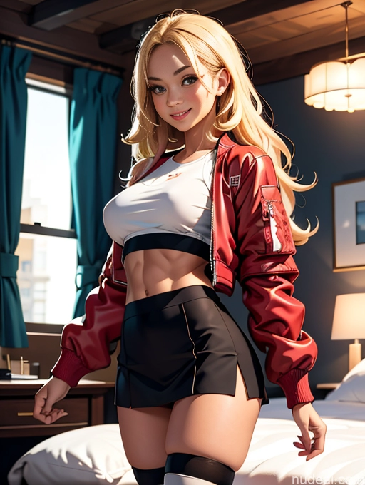 related ai porn images free for Busty Tanned Skin Happy Blonde Long Hair Bedroom Crop Top Bomber Thigh Socks Mini Skirt Abs