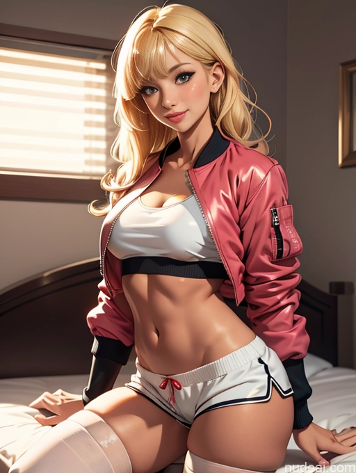 related ai porn images free for Busty Tanned Skin Happy Blonde Bedroom Crop Top Bomber Thigh Socks Short Shorts Bangs