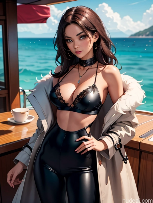 related ai porn images free for Model One Beautiful Perfect Body Seductive Sexy Face Soft Anime Detailed Busty Thick Tanned Skin Brunette Long Hair Italian Front View Chemise Fur Goth Harem Pants Stylish Trench Coat Cleavage Jewelry Yacht
