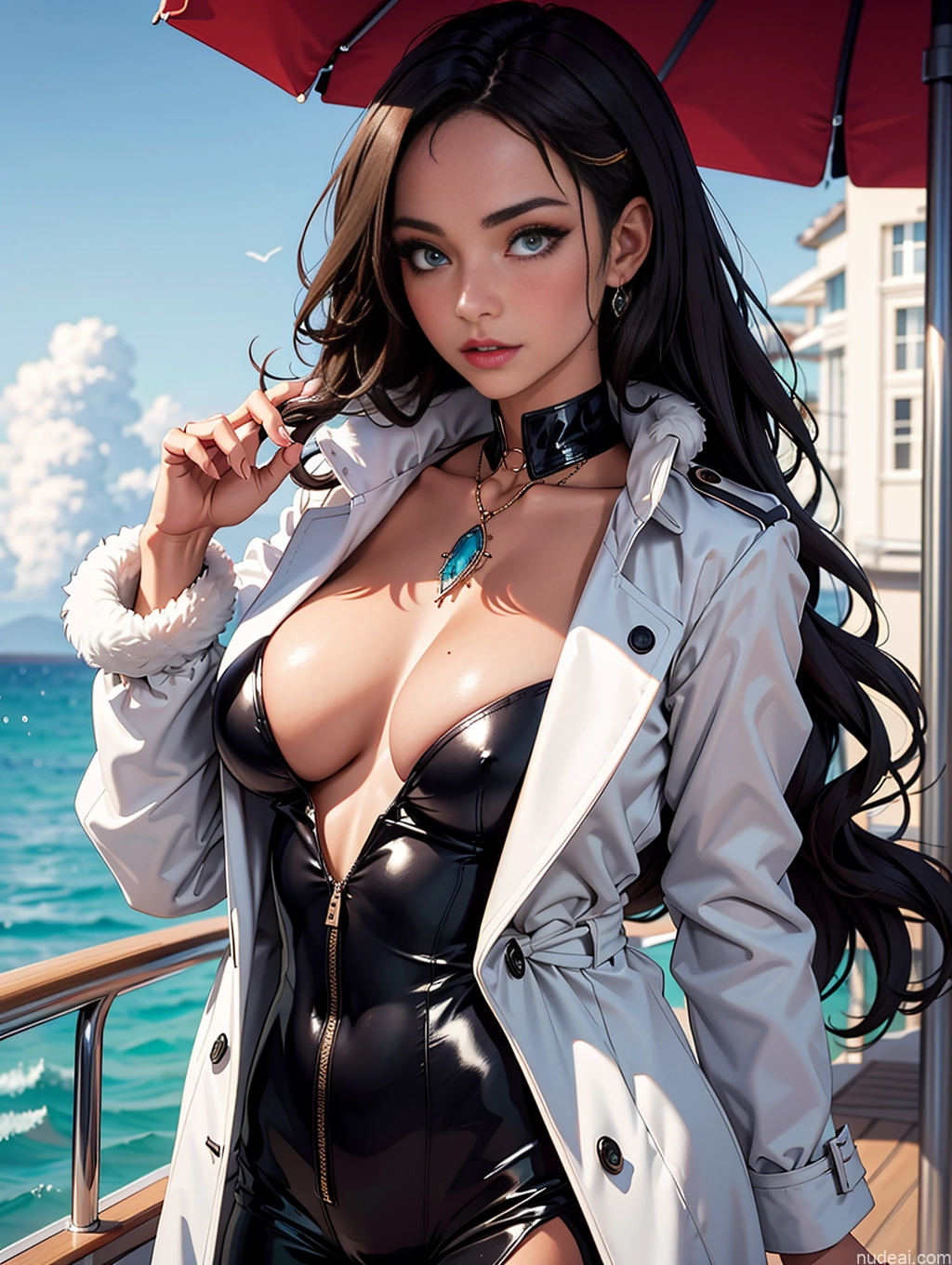 related ai porn images free for Model One Beautiful Perfect Body Seductive Sexy Face Soft Anime Detailed Busty Thick Tanned Skin Brunette Long Hair Italian Front View Fur Harem Pants Stylish Trench Coat Jewelry Yacht Perfect Boobs Suit Blouse Goth
