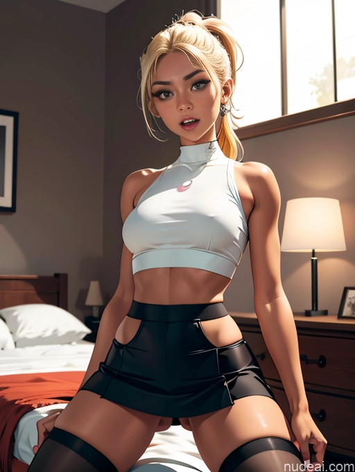 related ai porn images free for Busty Pubic Hair Tanned Skin Orgasm Shocked Blonde Bedroom Crop Top Thigh Socks Spreading Legs Ponytail Mini Skirt