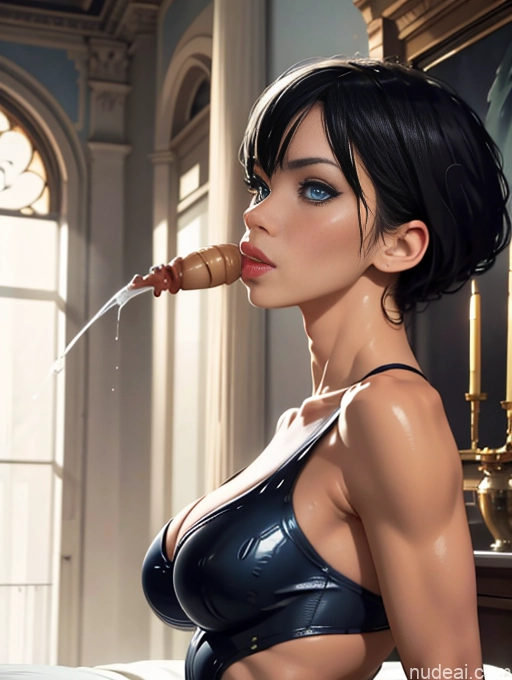 related ai porn images free for Bodybuilder Two Busty Perfect Boobs Muscular Abs Long Legs Tall Tanned Skin Oiled Body 20s Seductive Sexy Face Deep Blue Eyes Black Hair Bangs Bedroom Nude Fellatio (Side View)