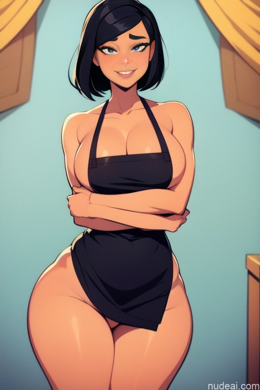 related ai porn images free for Woman Busty Perfect Boobs Beautiful Thick Tall Perfect Body Tanned Skin Happy Illustration Front View Bright Lighting Simple Small Tits Black Hair Sundress 30s Short Hair White Apron
