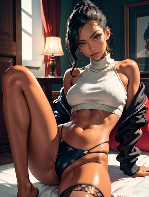 related ai porn images free for Busty Tanned Skin Oiled Body Seductive Black Hair Bedroom Spreading Legs Crop Top Stockings Sweater Bomber Ponytail