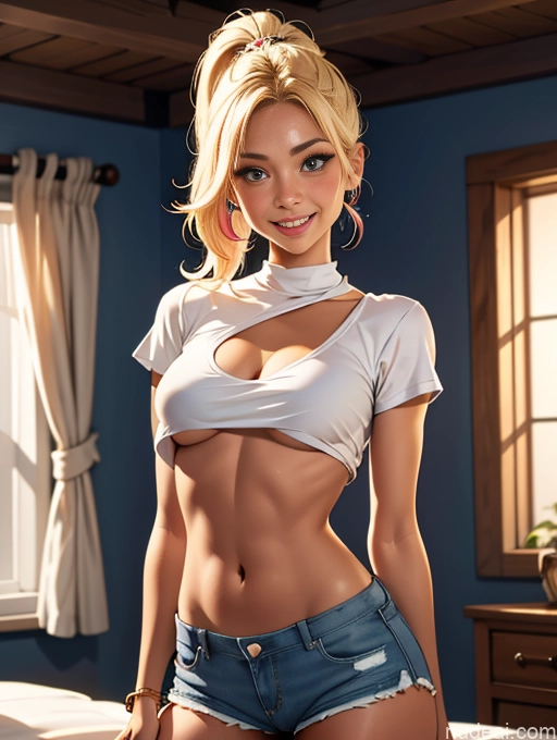 related ai porn images free for Busty Pubic Hair Tanned Skin Happy Blonde Bedroom Crop Top Shirt Short Shorts Jewelry Ponytail