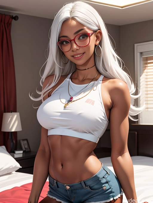 related ai porn images free for Busty Pubic Hair Tanned Skin Bedroom Jewelry Happy Crop Top Short Shorts Shirt Glasses White Hair Long Hair