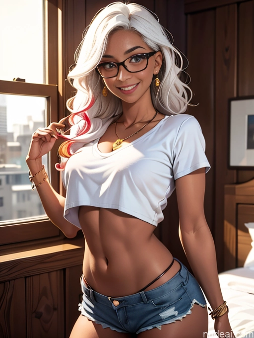 related ai porn images free for Busty Pubic Hair Tanned Skin Bedroom Jewelry Crop Top Short Shorts Shirt Glasses White Hair Curly Hair Happy