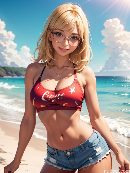related ai porn images free for Busty Tanned Skin Happy Thin Round Glasses Beach Shirt Crop Top Short Shorts Blonde Bangs
