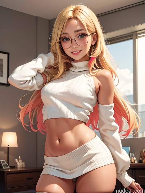 related ai porn images free for Busty Tanned Skin Thin Round Glasses Thigh Socks Happy Bedroom Crop Top Sweater Long Hair Mini Skirt Blonde