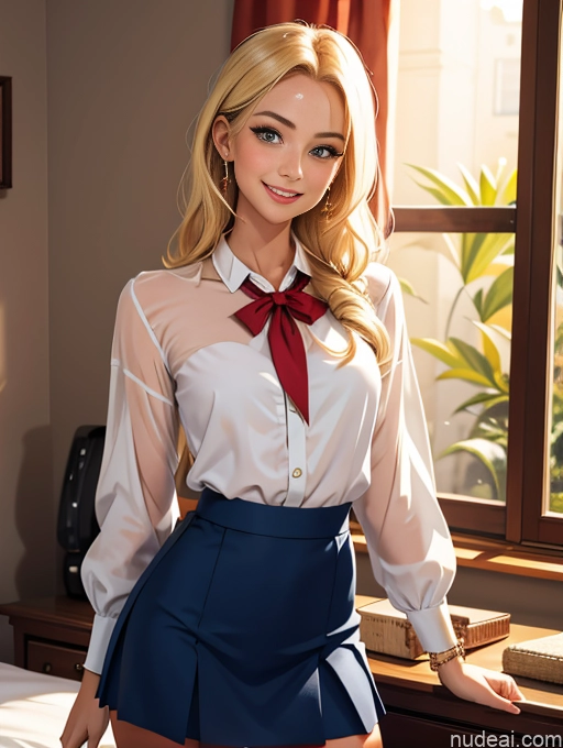 related ai porn images free for Tanned Skin Happy Blonde Bedroom Jewelry Long Hair Blouse Micro Skirt