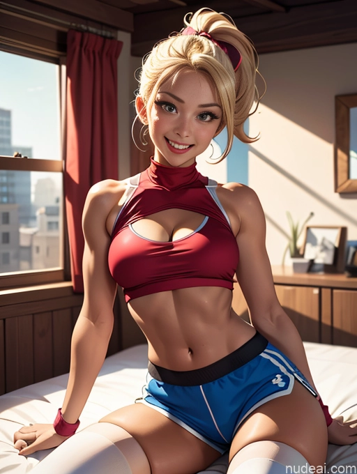 related ai porn images free for Busty Tanned Skin Thigh Socks Short Shorts Blonde Bedroom Happy Ponytail Sports Crop Top