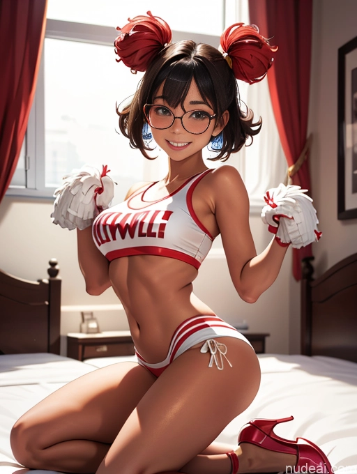 related ai porn images free for Tanned Skin Happy Bedroom Busty Bangs Thin Round Glasses High Heels Black Hair Cheerleader