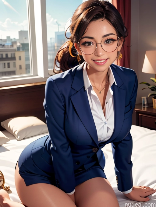 related ai porn images free for Busty Tanned Skin Happy Brunette Bedroom Thin Round Glasses Ponytail Jewelry Secretary Shirt Suit