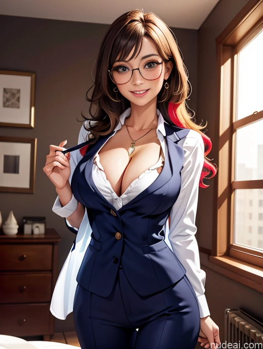 related ai porn images free for Busty Long Hair Tanned Skin Happy Brunette Bedroom Secretary Shirt Suit Jewelry Thin Round Glasses