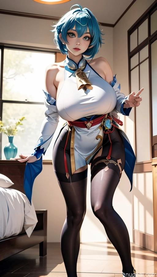 Woman Busty Huge Boobs Perfect Boobs Beautiful Skinny Long Legs Tall Perfect Body Fairer Skin 18 Sexy Face Blue Hair Short Hair Japanese Anime Bedroom Cosplay Stockings Ganyu: Genshin Impact Cosplayers