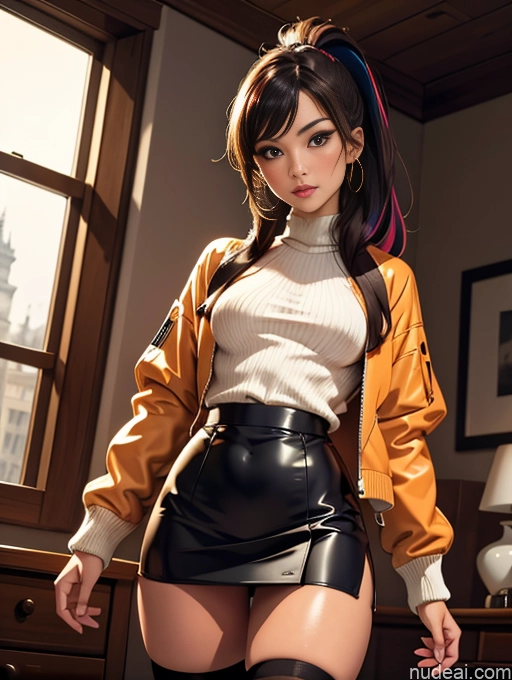 related ai porn images free for Busty Tanned Skin Bedroom Thigh Socks Brunette Ponytail Jacket Leather Mini Skirt Sweater Seductive